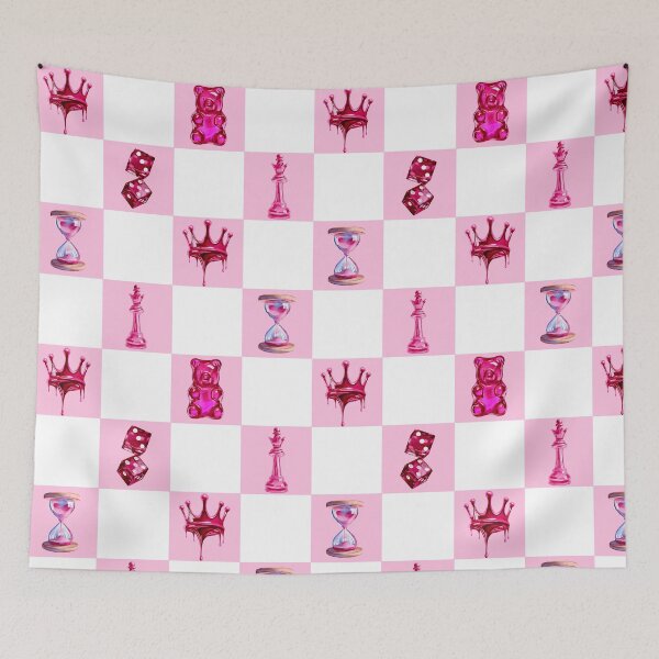 Item preview, Seamless pattern for Valentine's Day in pink, Crown, dice, sand timer, jelly bag, chess queen on a chessboard background designed and sold by Nastasiakhmnk.