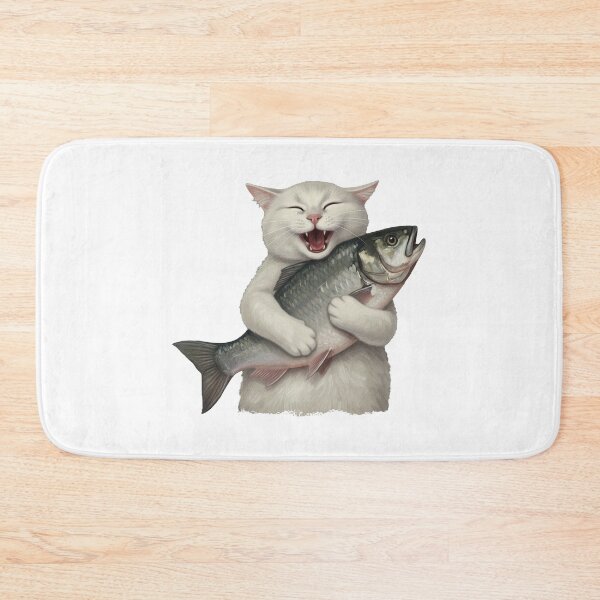 Item preview, Happy White Cat Holding Giant Fish Catch designed and sold by TeeARTHY.