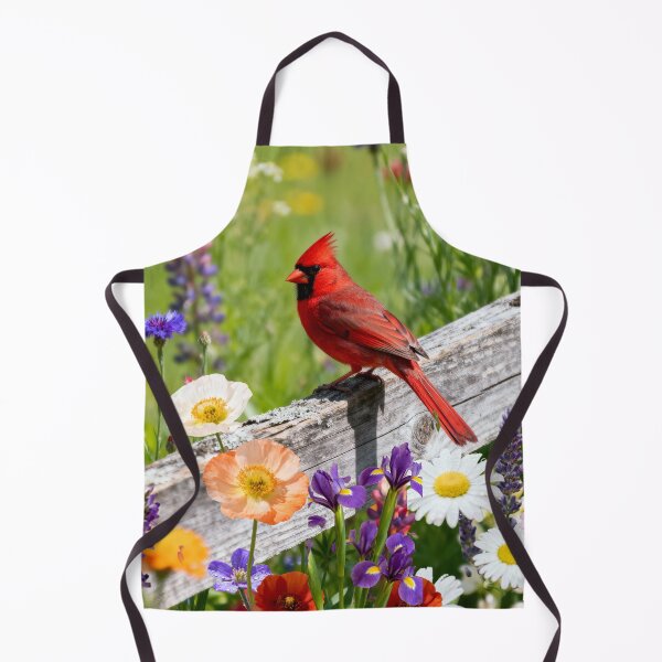 Item preview, Red Cardinal Perched on a Rustic Picket Fence with Vibrant Wildflowers designed and sold by DrewRomeoCo.