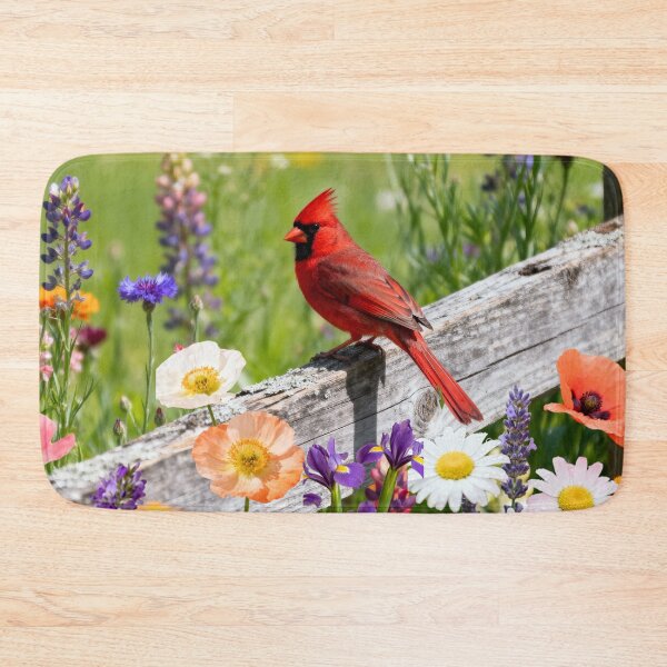 Item preview, Red Cardinal Perched on a Rustic Picket Fence with Vibrant Wildflowers  designed and sold by DrewRomeoCo.