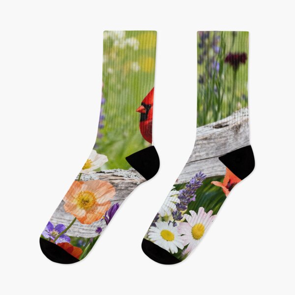 Item preview, Red Cardinal Perched on a Rustic Picket Fence with Vibrant Wildflowers  designed and sold by DrewRomeoCo.