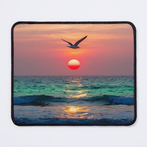 Artikelvorschau, Breathtaking Bright Sunrise Over Roaring Ocean – Square Painting with Soaring Seagull entworfen und verkauft von MagicalArch.
