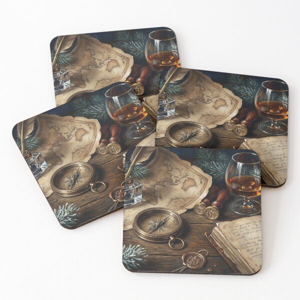 Item preview, Vintage Explorer Desk Art – Dark Academia Map, Compass & Whiskey Still Life Illustration designed and sold by DesignAnother.