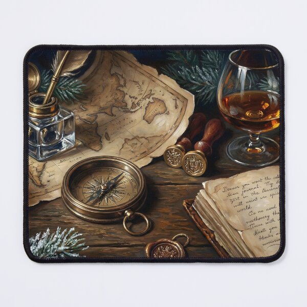 Item preview, Vintage Explorer Desk Art – Dark Academia Map, Compass & Whiskey Still Life Illustration designed and sold by DesignAnother.
