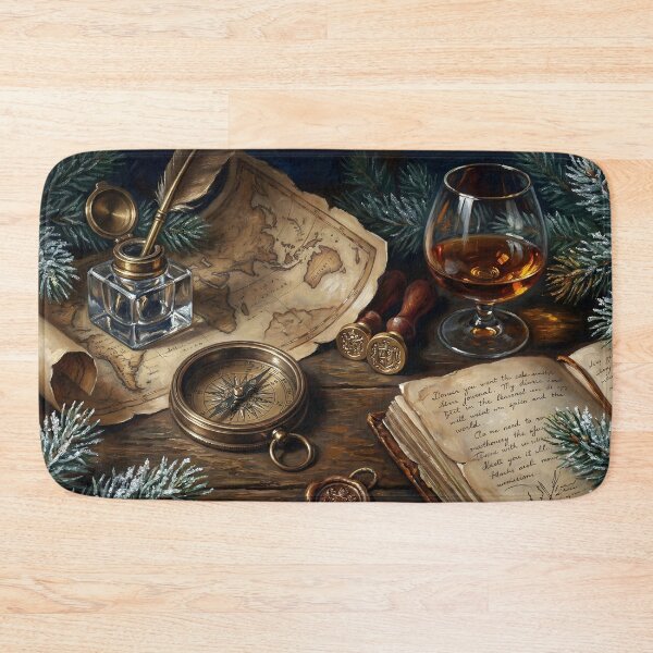 Item preview, Vintage Explorer Desk Art – Dark Academia Map, Compass & Whiskey Still Life Illustration designed and sold by DesignAnother.
