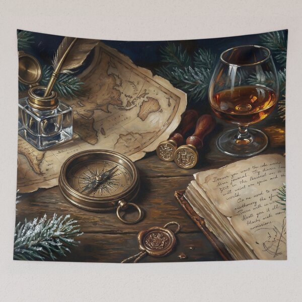 Item preview, Vintage Explorer Desk Art – Dark Academia Map, Compass & Whiskey Still Life Illustration designed and sold by DesignAnother.