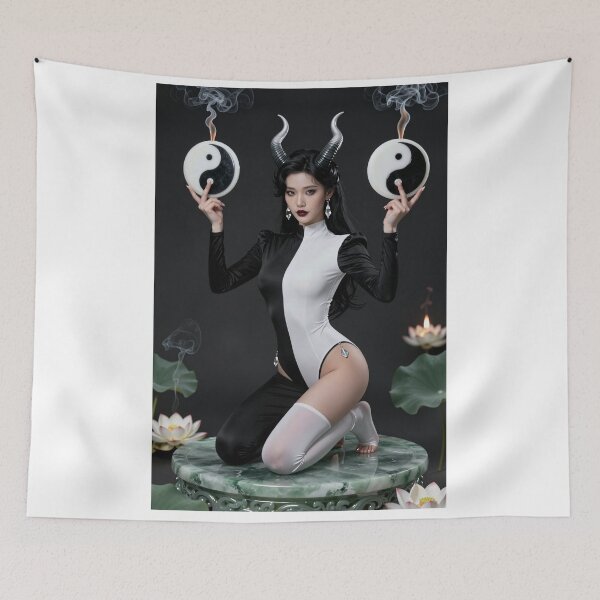 Item preview, Mujer con cuernos yin yang equilibrio estanque de lotos designed and sold by CathryneDelamort.