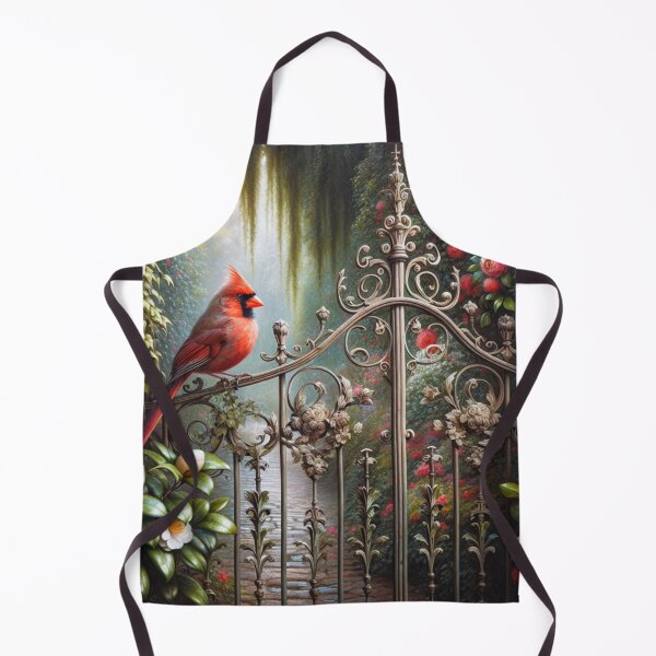 Item preview, Red Cardinal, Out Doors, Perched on an Intricate, Wrought Iron Gate, Adorned With Botanical, Flowers. designed and sold by DrewRomeoCo.