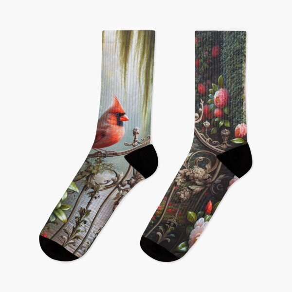 Item preview, Red Cardinal, Out Doors, Perched on an Intricate, Wrought Iron Gate, Adorned With Botanical, Flowers.   designed and sold by DrewRomeoCo.