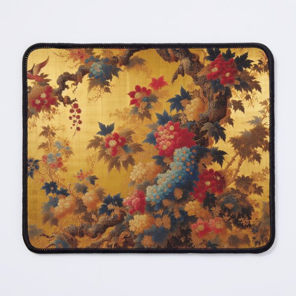 Item preview, Japanese silkscreen print featuring a harmonious arrangement of yellow, red and blue flowers, with gold background. designed and sold by DrewRomeoCo.