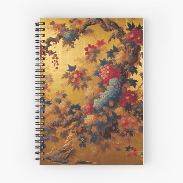 Item preview, Japanese silkscreen print featuring a harmonious arrangement of yellow, red and blue flowers, with gold background. designed and sold by DrewRomeoCo.