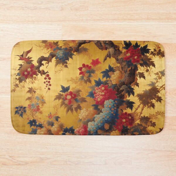 Item preview, Japanese silkscreen print featuring a harmonious arrangement of yellow, red and blue flowers, with gold background. designed and sold by DrewRomeoCo.