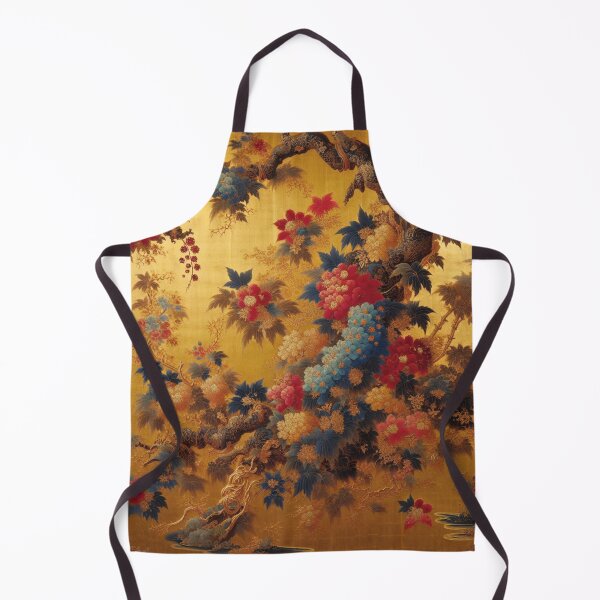 Item preview, Japanese silkscreen print featuring a harmonious arrangement of yellow, red and blue flowers, with gold background. designed and sold by DrewRomeoCo.