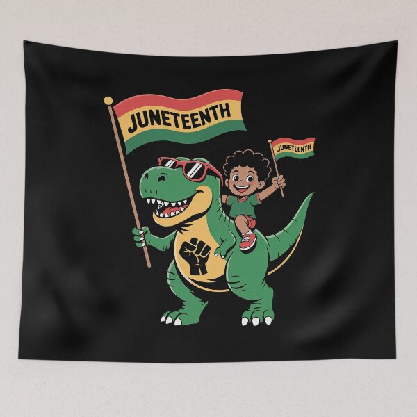Item preview, Juneteenth Black King Riding T Rex Dino Funny Boys Kids Flag designed and sold by duolastgend.