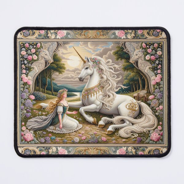 Item preview, Folklore Unicorn, Rug, Princesscore Decor, William Morris Inspired, Cottagecore Aesthetic, Fairycore, Magical Unicorn, Art Medieval designed and sold by DrewRomeoCo.