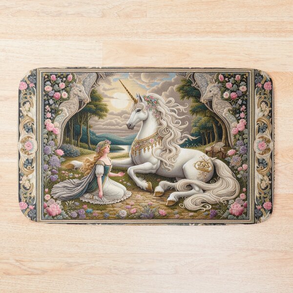 Item preview, Folklore Unicorn, Rug, Princesscore Decor, William Morris Inspired, Cottagecore Aesthetic, Fairycore, Magical Unicorn, Art Medieval designed and sold by DrewRomeoCo.
