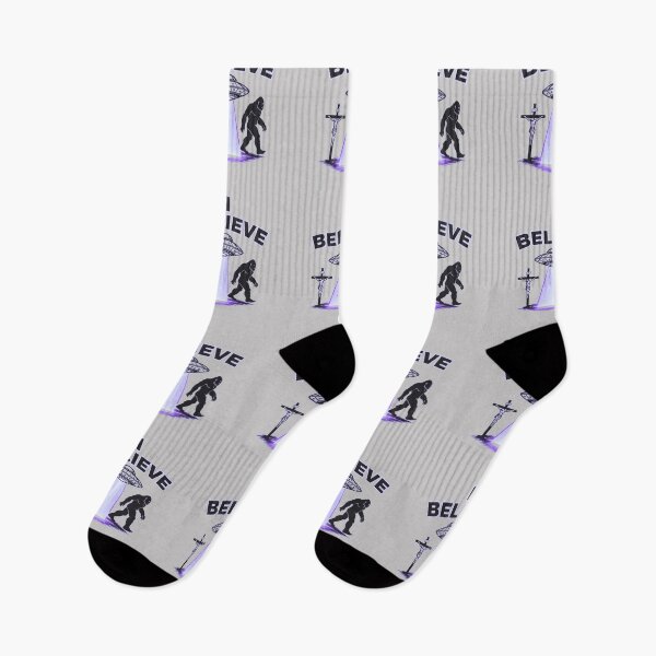 Item preview, I Believe UFO Bigfoot Jesus Cross Funny Believer Design PURPLE designed and sold by Sinfulchicken.