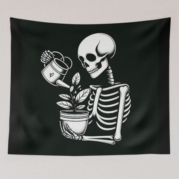 Item preview, Gothic Skeleton Taking Care of Plants – Cozy Dark Illustration designed and sold by Roberta Calabrese.
