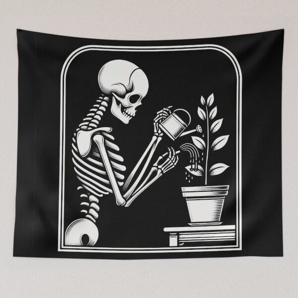 Item preview, Gothic Skeleton Taking Care of Plants – Cozy Dark Illustration designed and sold by Roberta Calabrese.