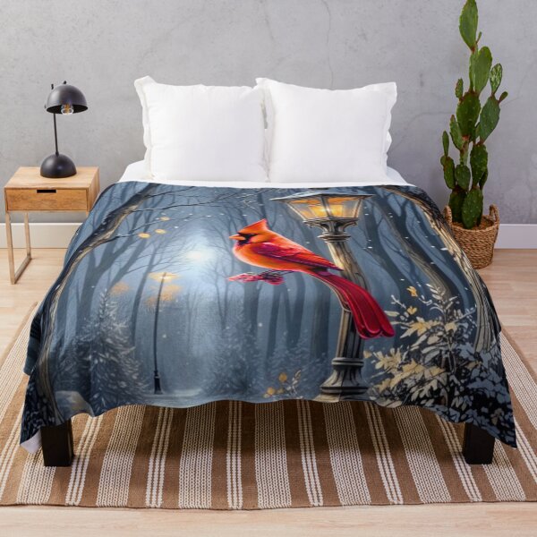 Item preview, Red Cardinal and Lantern in Night Snow Winter Forest designed and sold by DrewRomeoCo.