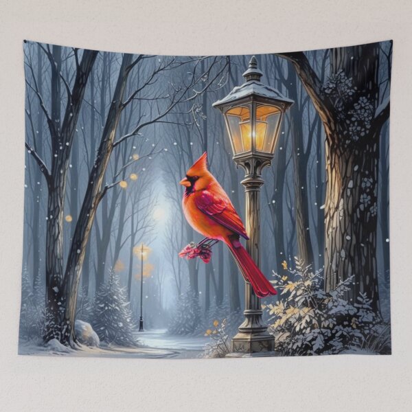 Item preview, Red Cardinal and Lantern in Night Snow Winter Forest  designed and sold by DrewRomeoCo.