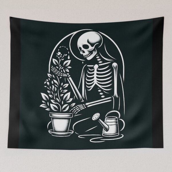 Item preview, Gothic Skeleton Taking Care of Plants – Cozy Dark Illustration designed and sold by Roberta Calabrese.