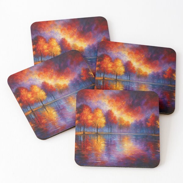 Item preview, Autumn Blaze Reflections - Vibrant Forest Sunset Landscape Painting designed and sold by Joey Santiago.
