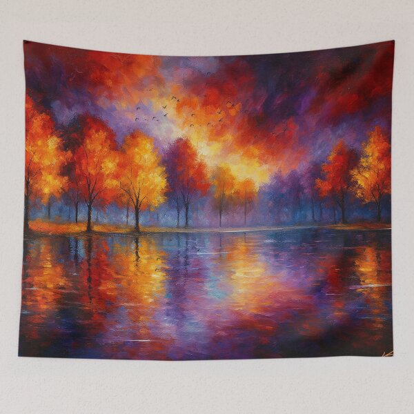 Item preview, Autumn Blaze Reflections - Vibrant Forest Sunset Landscape Painting designed and sold by Joey Santiago.