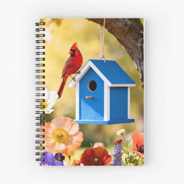 Item preview, Red Cardinal Perch on a Bird House Among Wildflowers designed and sold by DrewRomeoCo.