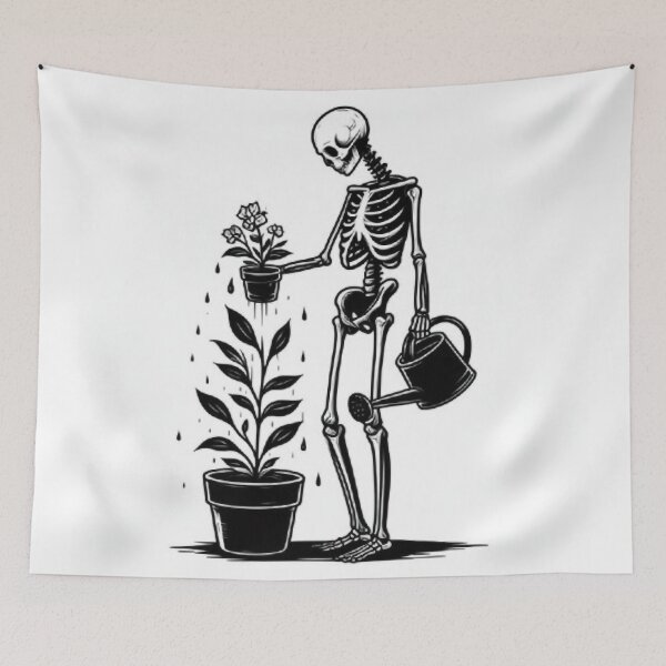 Item preview, Gothic Skeleton Taking Care of Plants – Cozy Dark Illustration designed and sold by Roberta Calabrese.