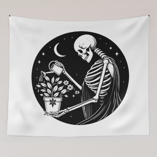 Item preview, Gothic Skeleton Taking Care of Plants – Cozy Dark Illustration designed and sold by Roberta Calabrese.