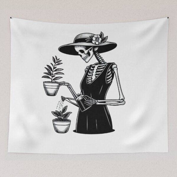 Item preview, Gothic Skeleton Taking Care of Plants – Cozy Dark Illustration designed and sold by Roberta Calabrese.
