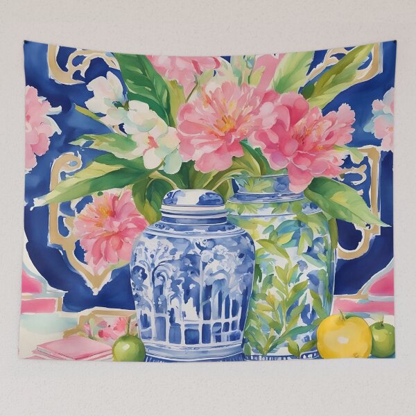 Item preview, Grandmillennial art, Flowers and fruits in chinoiserie vase wstercolor designed and sold by SophieClimaArt.