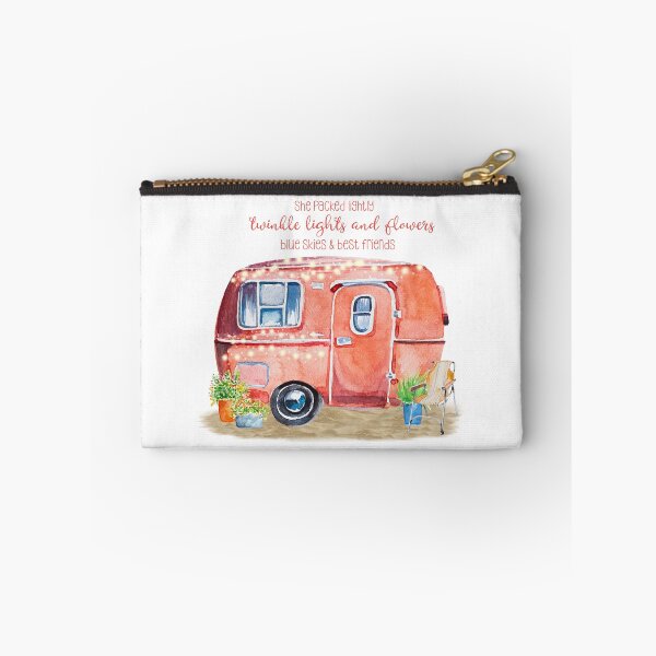 Item preview, A watercolor vintage camper setting with fun quote for the lover of the glamping lifestyle - "She packed lightly, twinkle lights and flowers, blue skies and best friends". designed and sold by ReefCoast.