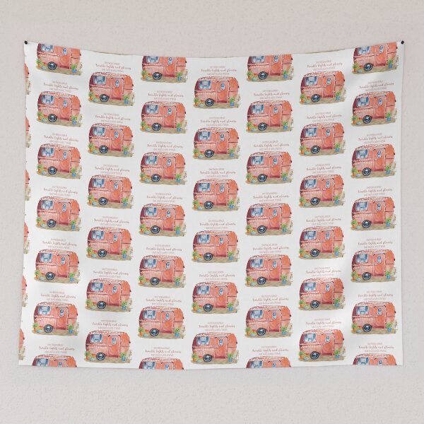Item preview, A watercolor vintage camper setting with fun quote for the lover of the glamping lifestyle - "She packed lightly, twinkle lights and flowers, blue skies and best friends". designed and sold by ReefCoast.