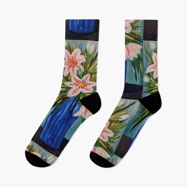 Item preview, Textured White and Pink Lilies in Tall Blue Vase – Acrylic Impasto designed and sold by kkartwork.