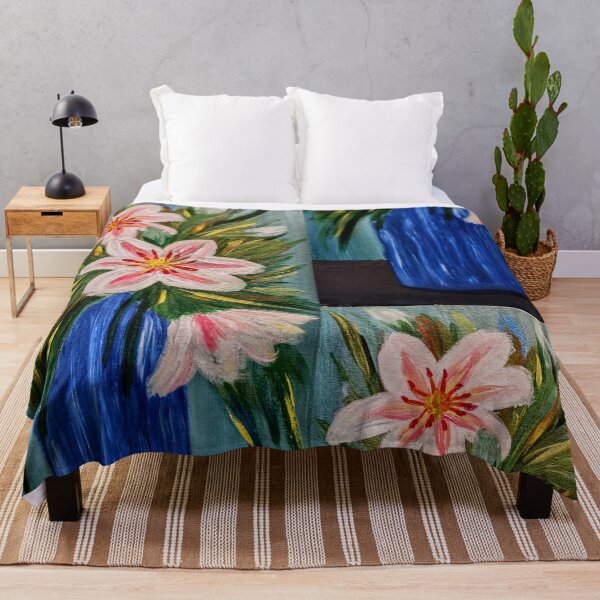 Item preview, Textured White and Pink Lilies in Tall Blue Vase – Acrylic Impasto designed and sold by kkartwork.