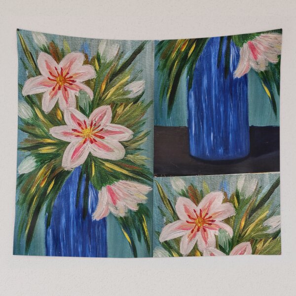 Item preview, Textured White and Pink Lilies in Tall Blue Vase – Acrylic Impasto designed and sold by kkartwork.