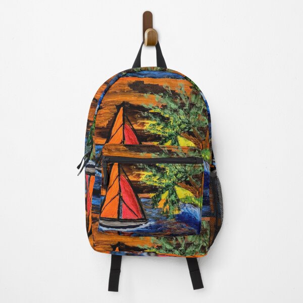 Item preview, Textured Orange Sailboat at Sunset with Palm Trees – Acrylic Impasto designed and sold by kkartwork.