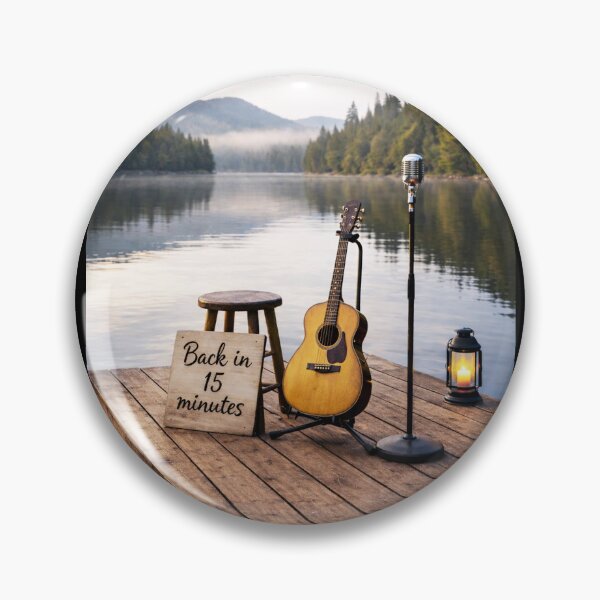 Item preview, Back in 15 Minutes – Acoustic Guitar & Vintage Microphone on a Quiet Lake Dock designed and sold by MySheetMusicArt.