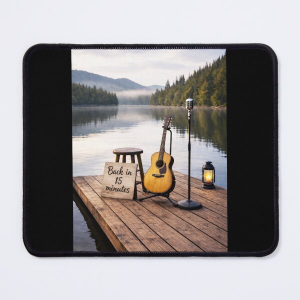Item preview, Back in 15 Minutes – Acoustic Guitar & Vintage Microphone on a Quiet Lake Dock designed and sold by MySheetMusicArt.