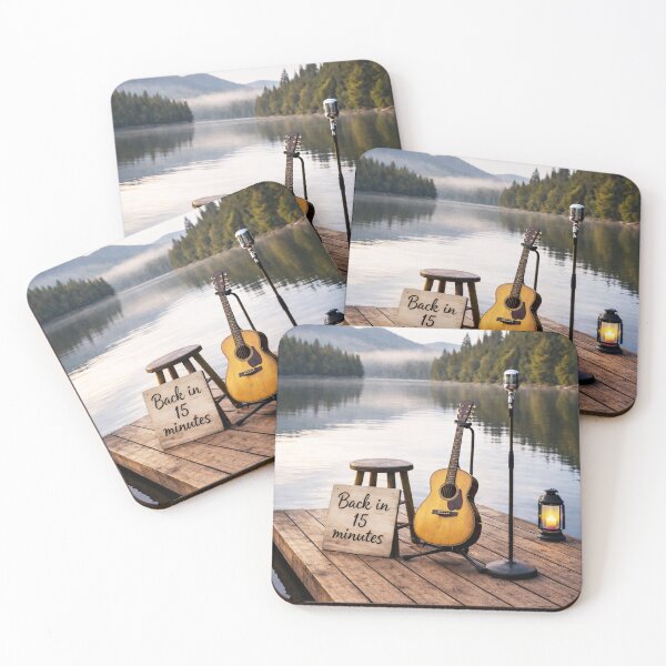 Item preview, Back in 15 Minutes – Acoustic Guitar & Vintage Microphone on a Quiet Lake Dock designed and sold by MySheetMusicArt.