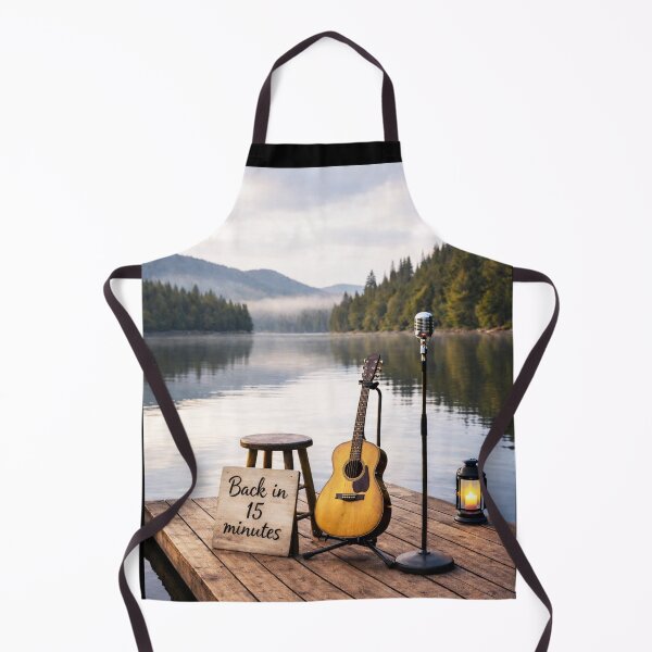 Item preview, Back in 15 Minutes – Acoustic Guitar & Vintage Microphone on a Quiet Lake Dock designed and sold by MySheetMusicArt.