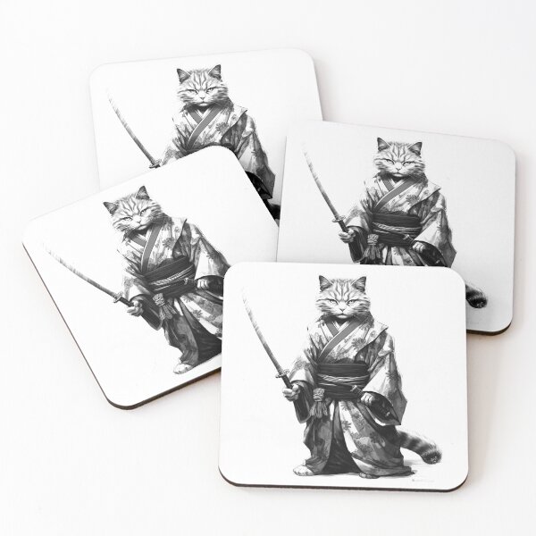 Item preview, Samurai Cat in Kimono with Katana | Black and White Japanese Warrior Art designed and sold by inkoutninja.