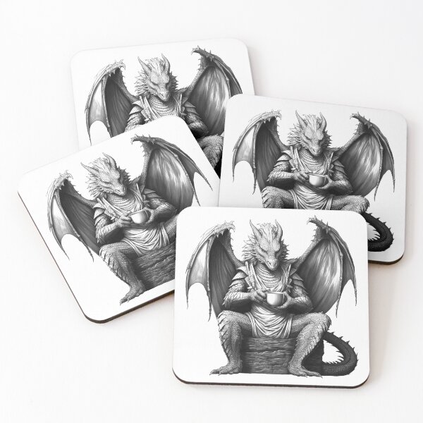 Item preview, Tea-Sipping Dragon | Whimsical Fantasy Creature Illustration in Black and White designed and sold by inkoutninja.