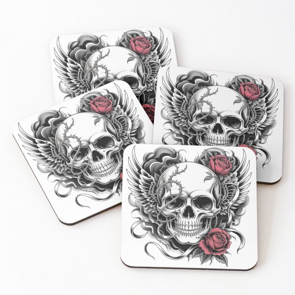 Item preview, Gothic Skull Tattoo Design with Red Roses Wings and Barbed Wire - Detailed Black and Grey Tattoo Art Print designed and sold by 3ac-Arts.