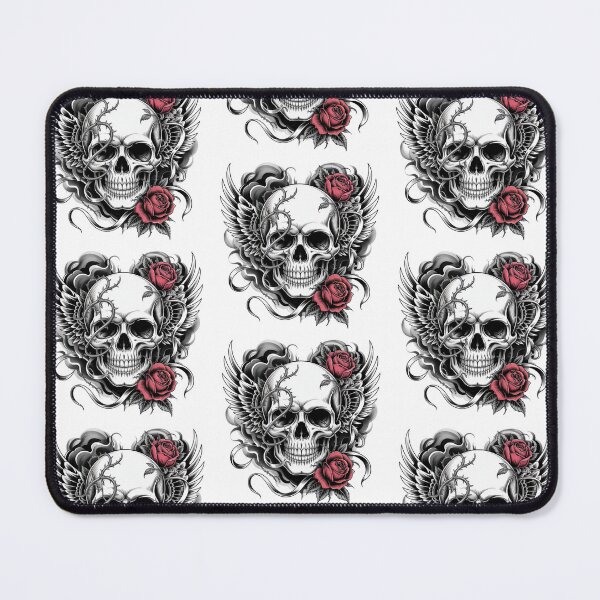 Item preview, Gothic Skull Tattoo Design with Red Roses Wings and Barbed Wire - Detailed Black and Grey Tattoo Art Print designed and sold by 3ac-Arts.