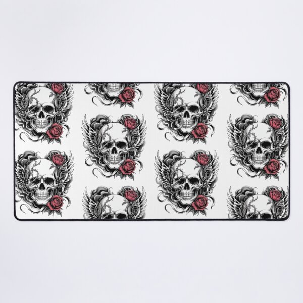 Item preview, Gothic Skull Tattoo Design with Red Roses Wings and Barbed Wire - Detailed Black and Grey Tattoo Art Print designed and sold by 3ac-Arts.