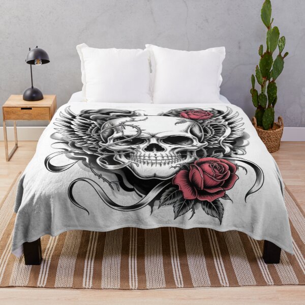 Item preview, Gothic Skull Tattoo Design with Red Roses Wings and Barbed Wire - Detailed Black and Grey Tattoo Art Print designed and sold by 3ac-Arts.