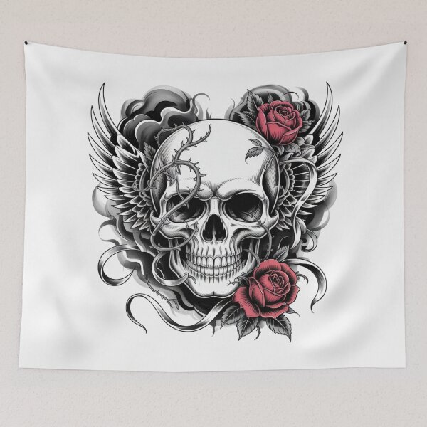 Item preview, Gothic Skull Tattoo Design with Red Roses Wings and Barbed Wire - Detailed Black and Grey Tattoo Art Print designed and sold by 3ac-Arts.